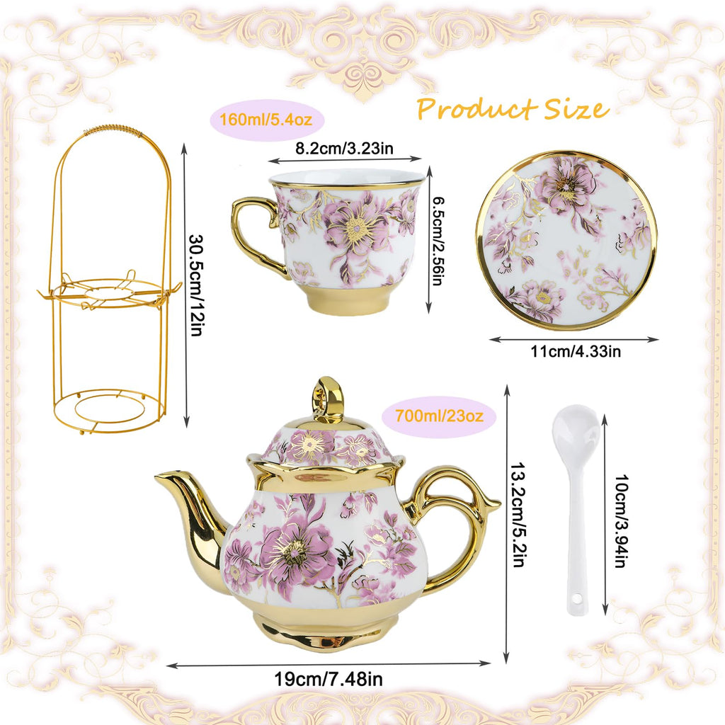 YTDTKJ 20 PCS Ceramic Tea Sets for Women Tea Party, Purple Pattern Tea Set with Gold Shelf, Flower Porcelain Tea Set with 6 Plates & 6 Spoons, Coffee Cup Set for Restaurant Hotels Dinner