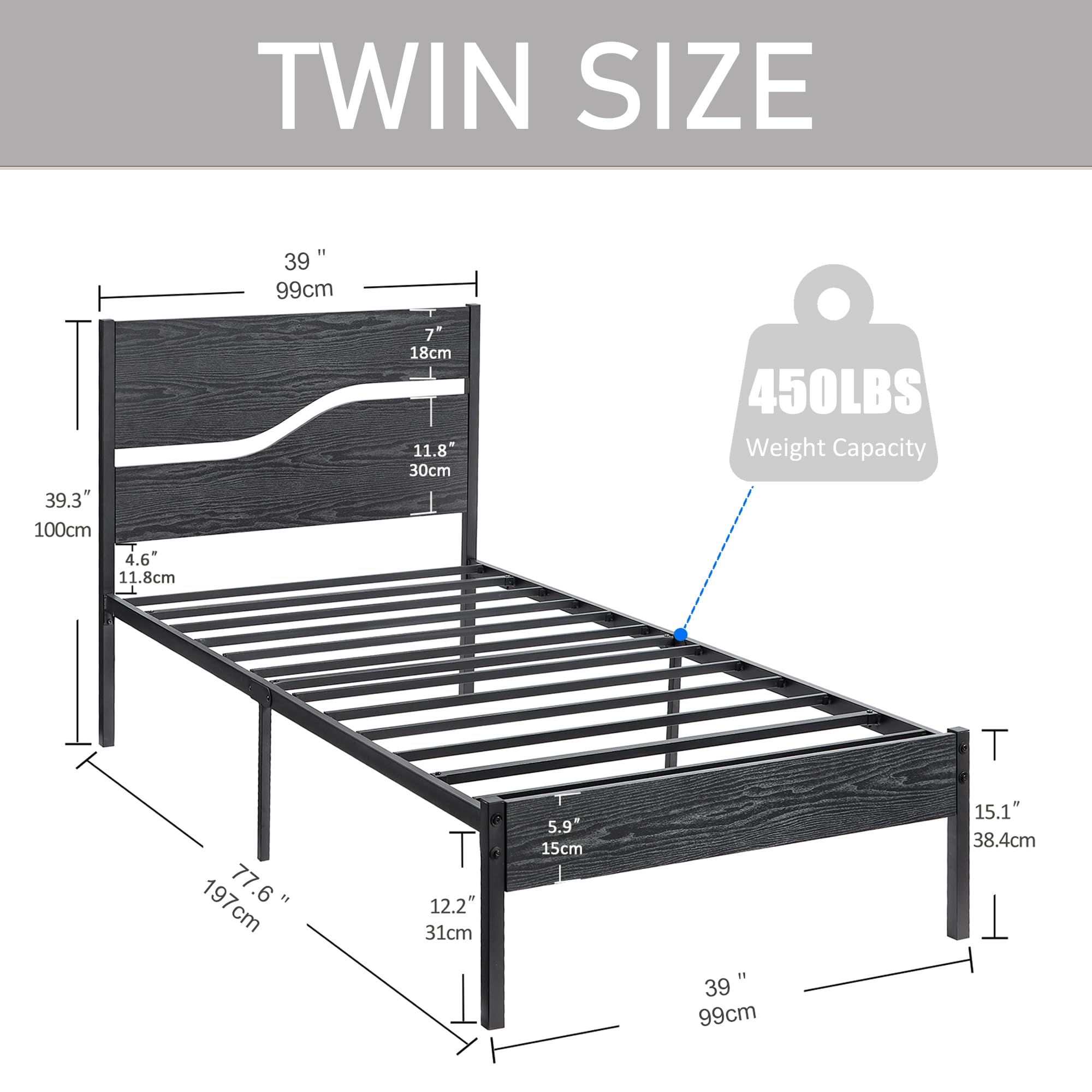 VECELO Twin Size Bed Frame with Wood Headboard, Heavy-Duty Metal Slats Support, Easy Assembly, No Box Spring Needed, Black