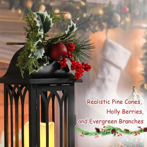 Bdor Christmas Lanterns - Set of 2 Black Decorative Candle Lanterns with LED Flameless Candle | 15" Tall Holiday Decor