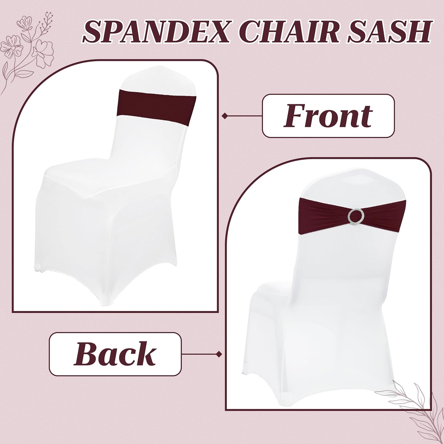 MDS Spandex Chair Sashes - Universal Fit Elastic Stretch Bands with Buckle Slider Bow | 150 Pack - Burgundy