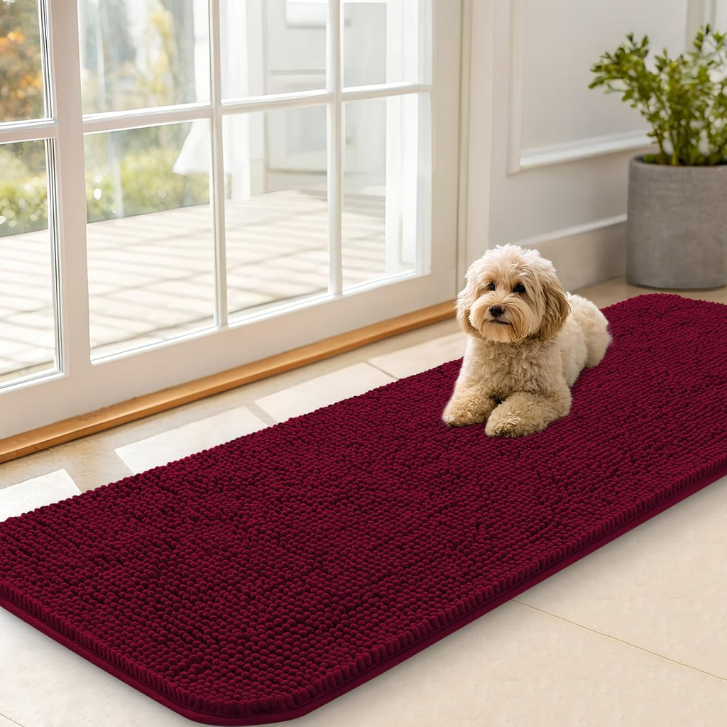 OLANLY Dog Door Mat - Absorbent Non-Slip Chenille for Muddy Paws | 59x20 Inches, Burgundy