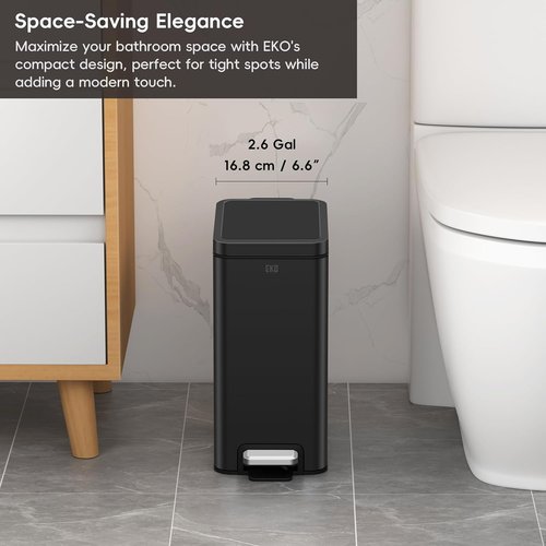 EKO Small Bathroom Trash Can - Soft Close Lid & Step Pedal | 10L Stainless Steel, Anti-Fingerprint Matte Black