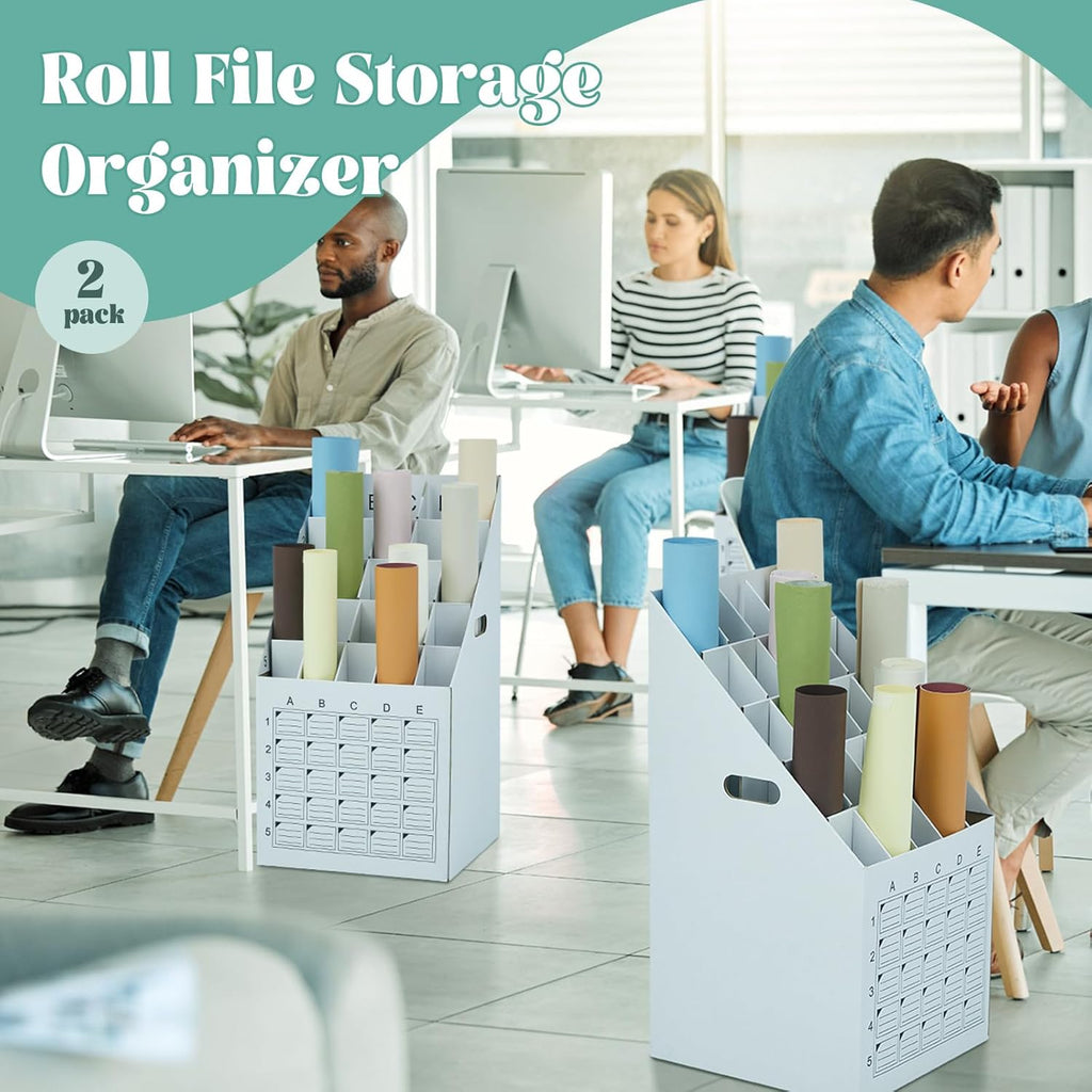 Menkxi Vertical Blueprint Storage Organizer - 2 Pack 25 Slot Roll File Holder | Corrugated Cardboard with Labeling Grid