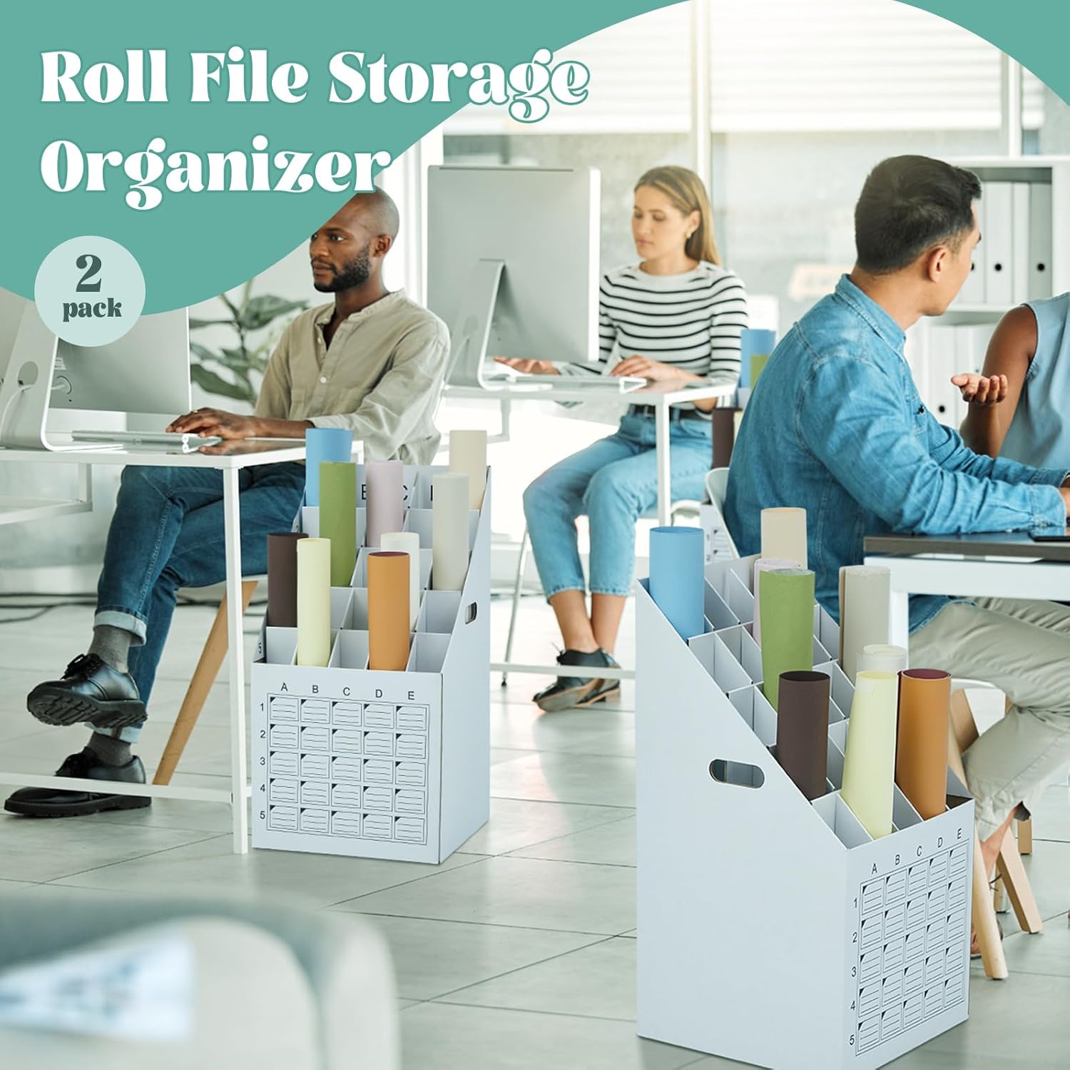 Menkxi Vertical Blueprint Storage Organizer - 2 Pack 25 Slot Roll File Holder | Corrugated Cardboard with Labeling Grid