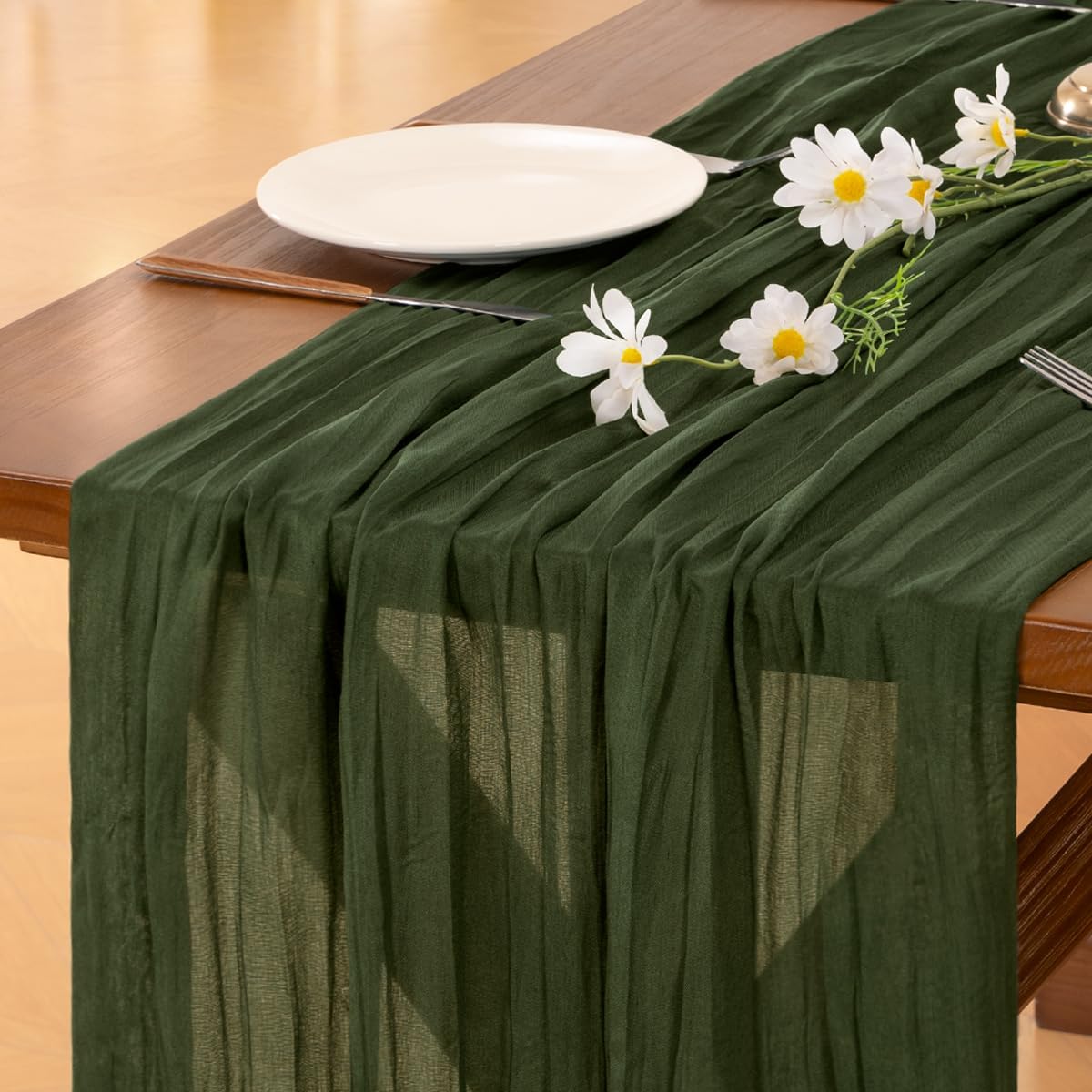 Socomi Olive Green Cheesecloth Table Runner - 120 Inch Boho Rustic Decor for Weddings & Events