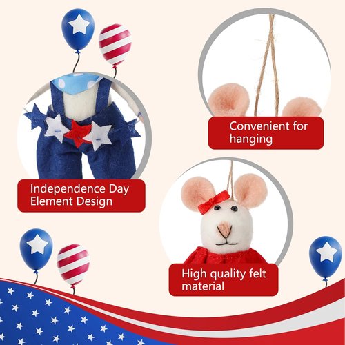 Hahafelt 4 Pcs 4th of July Felt Mice Ornaments - Cute Handmade Patriotic Wool Mice Set | 3.94 Inch