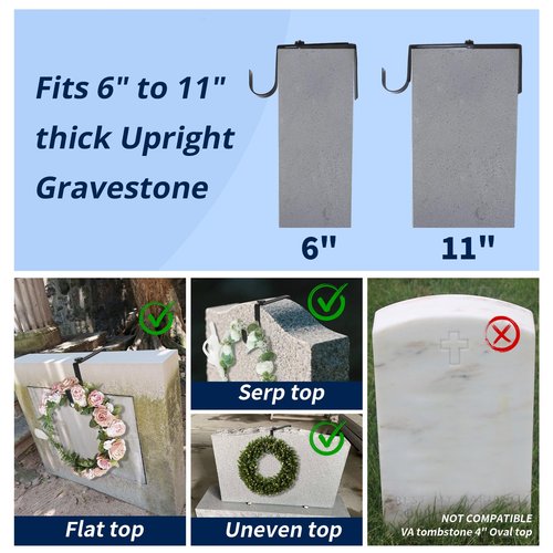 BEISE Wreath Hanger for Headstone, Adjustable 6"- 11", Black 2 Pack, Non-Slip Sponge Grip, Fits Thick Upright Gravestone with Flat or Uneven Arched Tops, Easy Outdoor Cemetery Christmas Décor