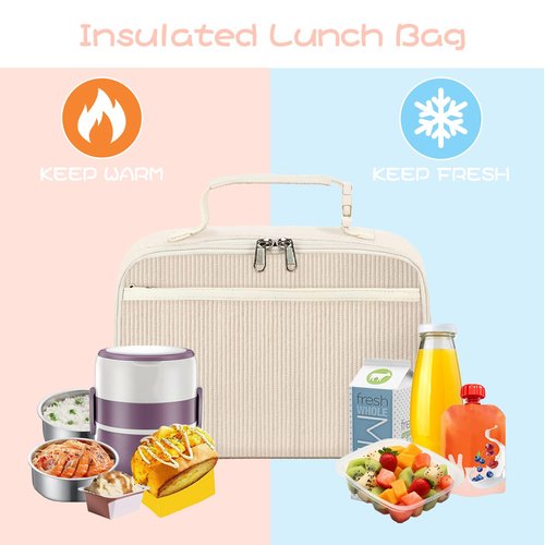 GODWOODS Cute Lunch Bag for Women & Men Corduroy Small Lunch Box with Cooler & Organizer Compartments Insulated Lunch Tote Bag for Travel Work (Beige)