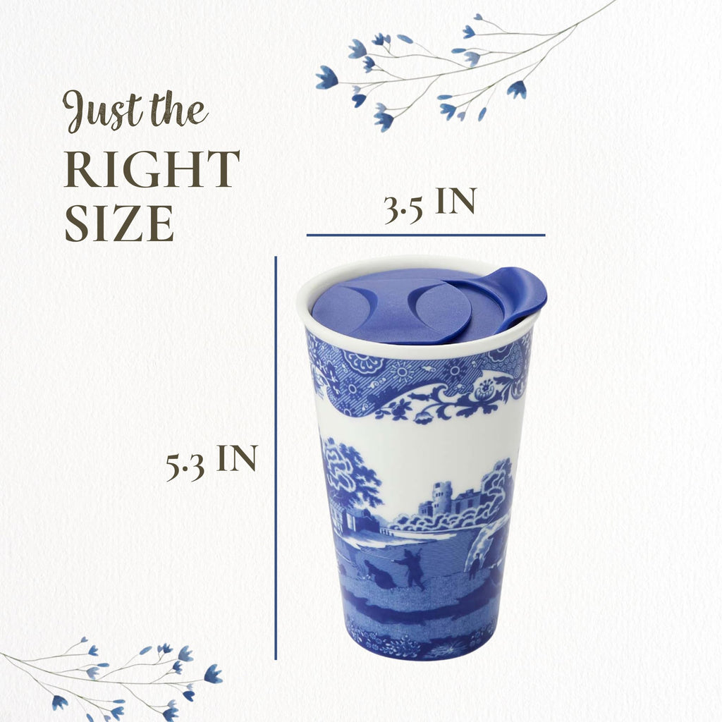 Spode Blue Italian 8oz Porcelain Travel Mug with Lid – Scenic Patterned Drinkware with Decorative Border - Portable Ceramic Coffee Cup for Brunch, Tea, On-the-Go Hot Beverage Moments
