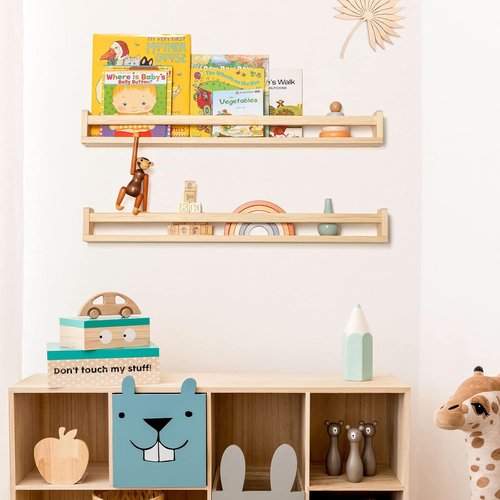 Fun Memories Nursery Book Shelves - Rustic Solid Wood Floating Bookshelf for Kids - 32-Inch Natural Wall Shelves (Set of 2)