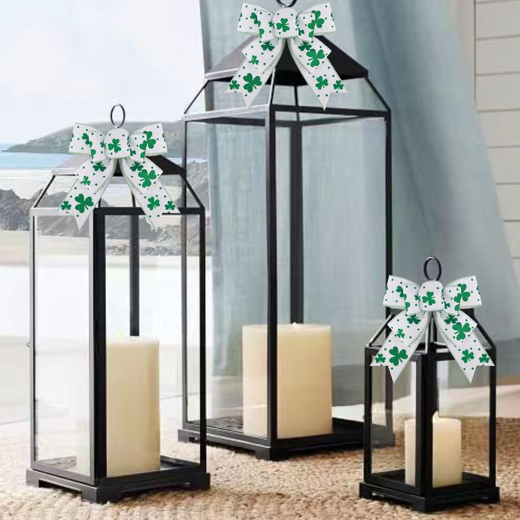 Meseey St. Patrick's Day Bow Wreath Decoration - Reusable Green & White Shamrock Bows for Home Decor | 2 Pcs Set