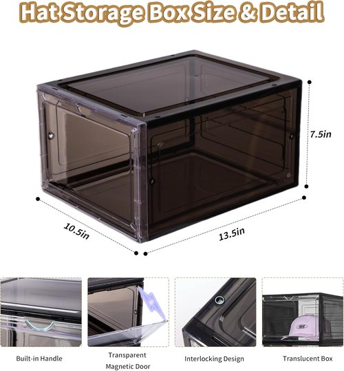 Attelite Hat Organizer - Stackable Baseball Cap Storage Box with Transparent Magnetic Door | Set of 6, Easy Assembly