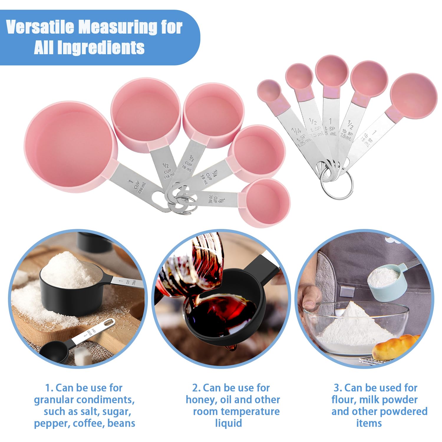 Measuring Cups and Spoons Set, 10-Piece Stackable Kitchen Tools with Stainless Steel Handles, Nesting Measurement Gadgets for Cooking & Baking (pink)