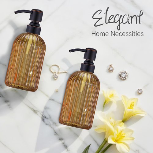 16 OZ Amber Glass Soap Dispenser, Amber Stripe Bathroom Hand Soap Dispensers with Stainless Steel Bronze Pump,Brown Glass Kitchen Hand Soap Dispenser with Oil Rubbed Bronze Pump