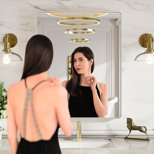 LOAAO Brushed Nickel Bathroom Mirror - 28X36 Inch Rounded Rectangle Design | Anti-Rust & Shatterproof