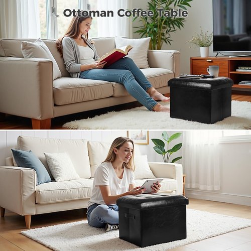 FaiPue Storage Ottoman Footrest Stool. Foldable Oil Waxed Leather Footstool with Thicker Foam Padded Seat. Small Ottoman with Storage Bench for Living Room Bedroom 350 lbs, 17x13x13in, Black.