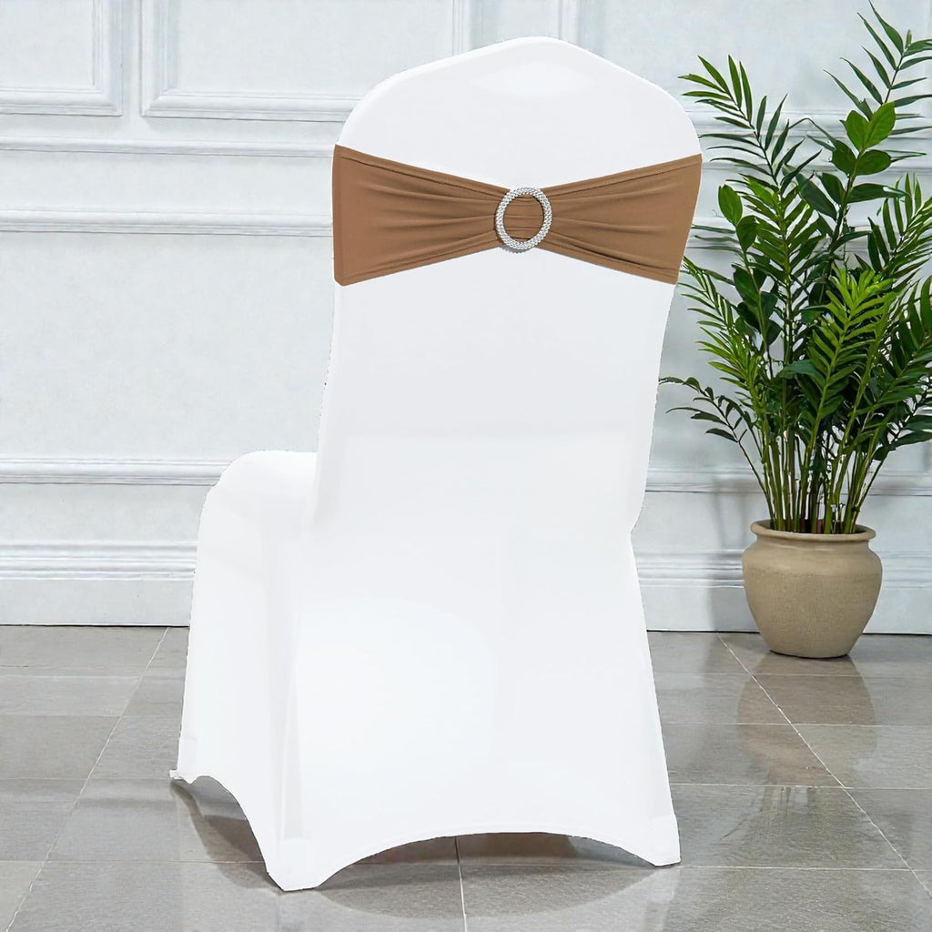 MDS Premium Spandex Chair Sashes - Pack of 10 Stretch Covers with Buckle Slider | Mocha for Weddings & Events