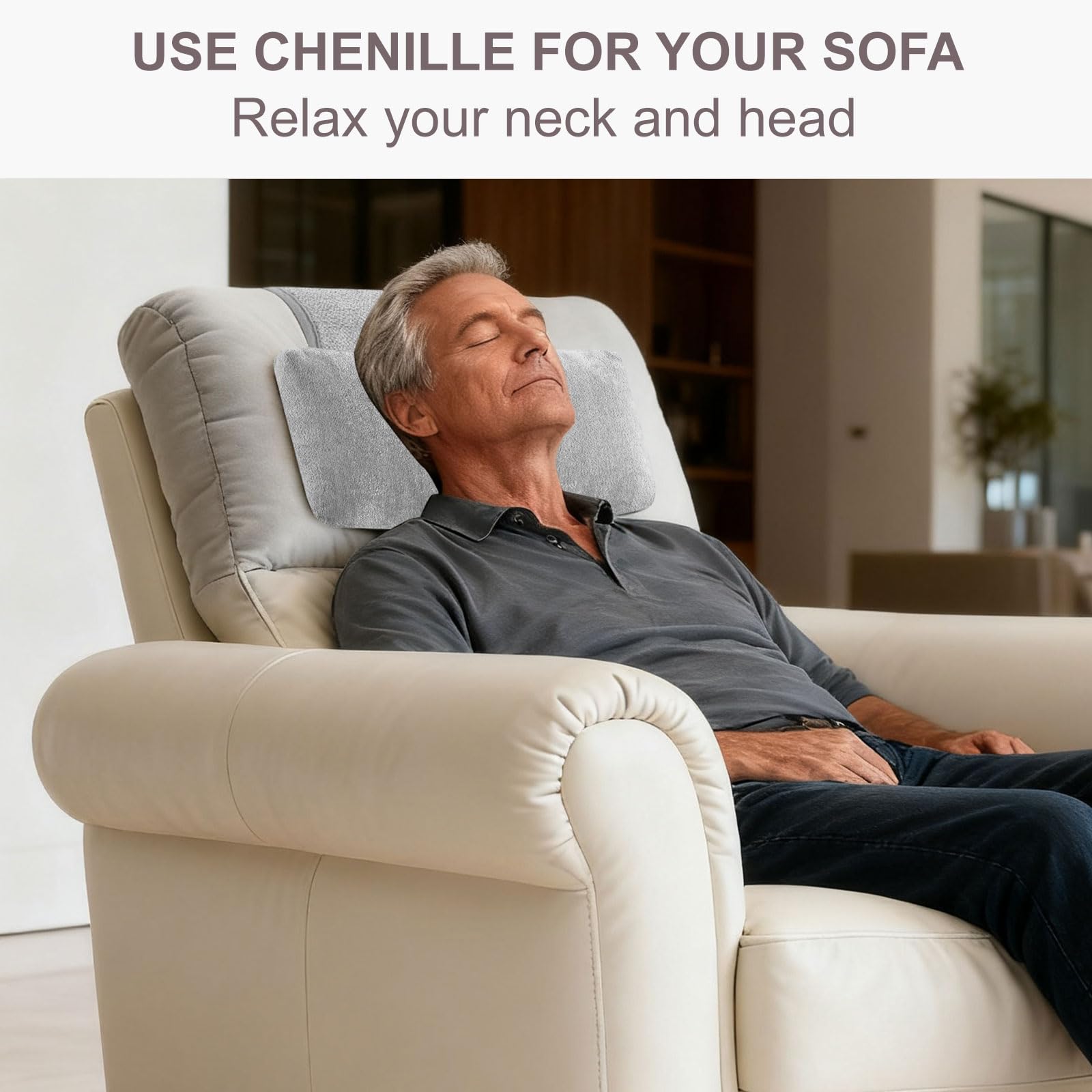 kisswish Chenille Neck Pillow for Sofa - Adjustable Headrest, Non-Slip Neck Support Cushion for Pain Relief, Comfortable Chair Pillow, Grey