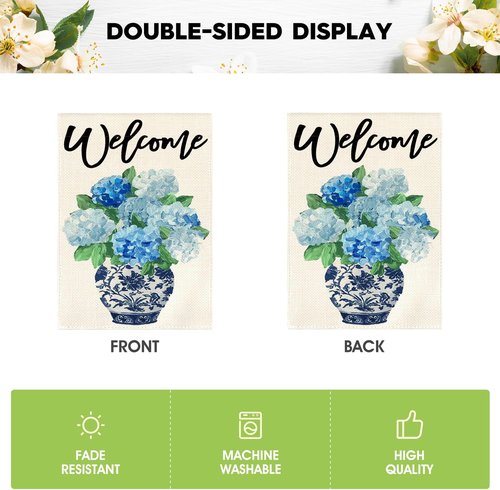 AVOIN Colorlife Garden Flag - Spring Hydrangea Floral Design | Double-Sided 12x18 Inch, Blue & White