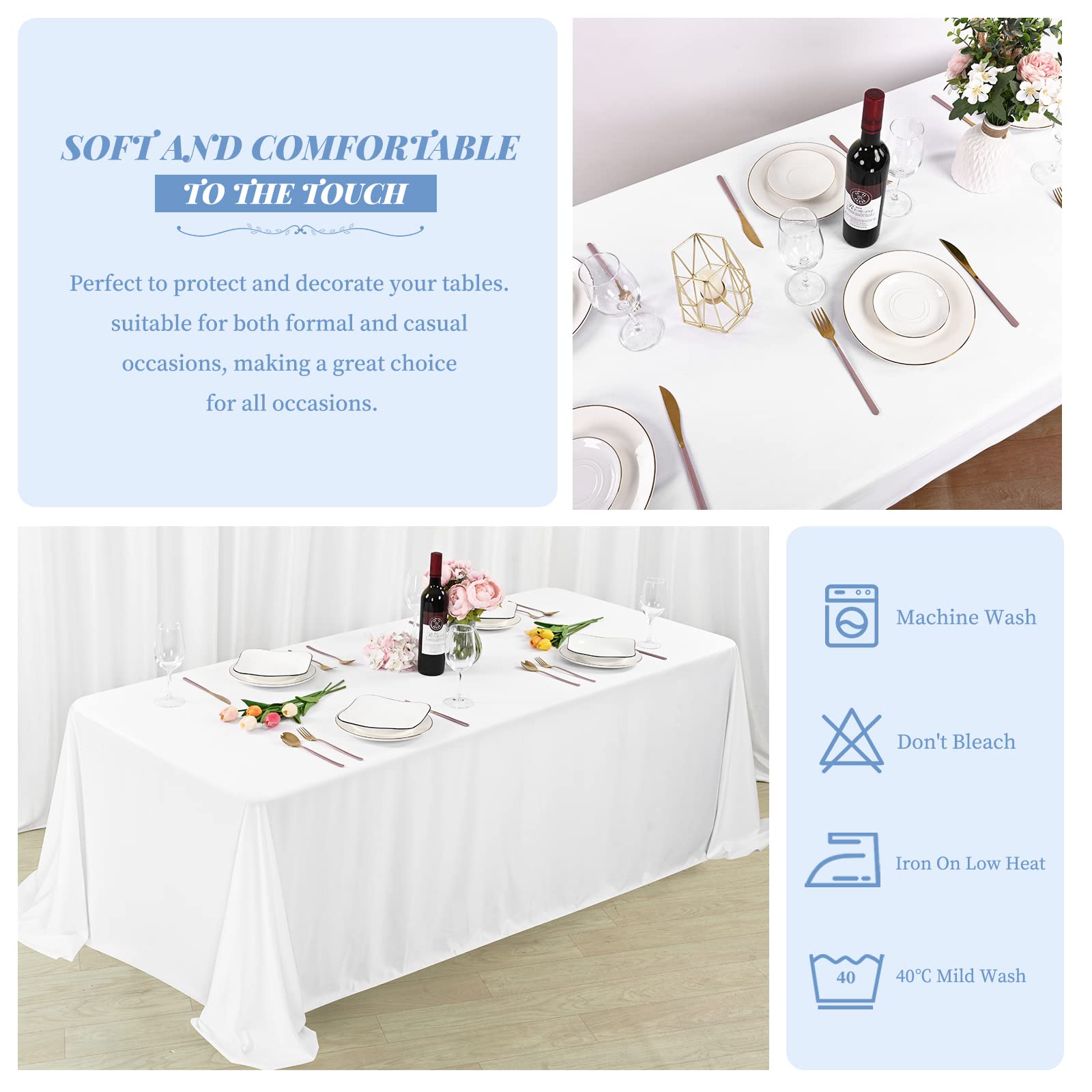 Showgeous 5 Pack White Tablecloths for 8 Foot Rectangle Tables 90 x 156 Inch Rectangular Tablecloth, Bulk Polyester Fabric Table Clothes Washable Long Table Covers for Wedding Party Buffet Restaurant