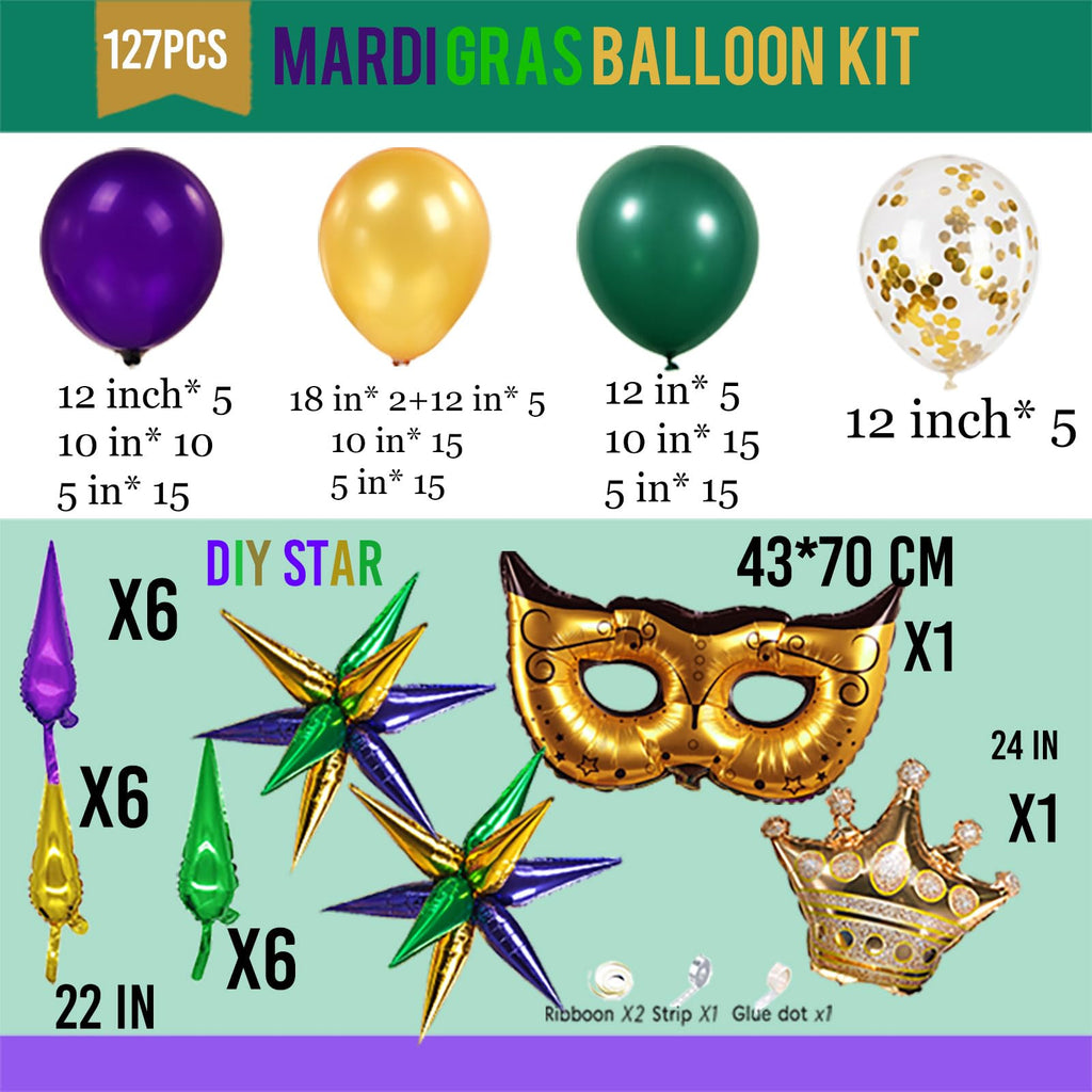 Mardi balloon garland arch kit Purple Emerald green gold with Crown and Mask star mylar Balloons for Grand Fat Tuesday Party Decorations for Gorgeous Funny Festive Vibe