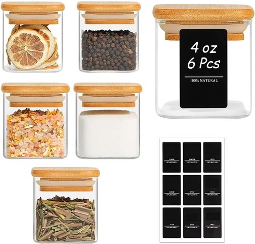 ComSaf Spice Jars - 4 oz Glass Seasoning Containers with Labels | 6-Pack Square Jars for Spices