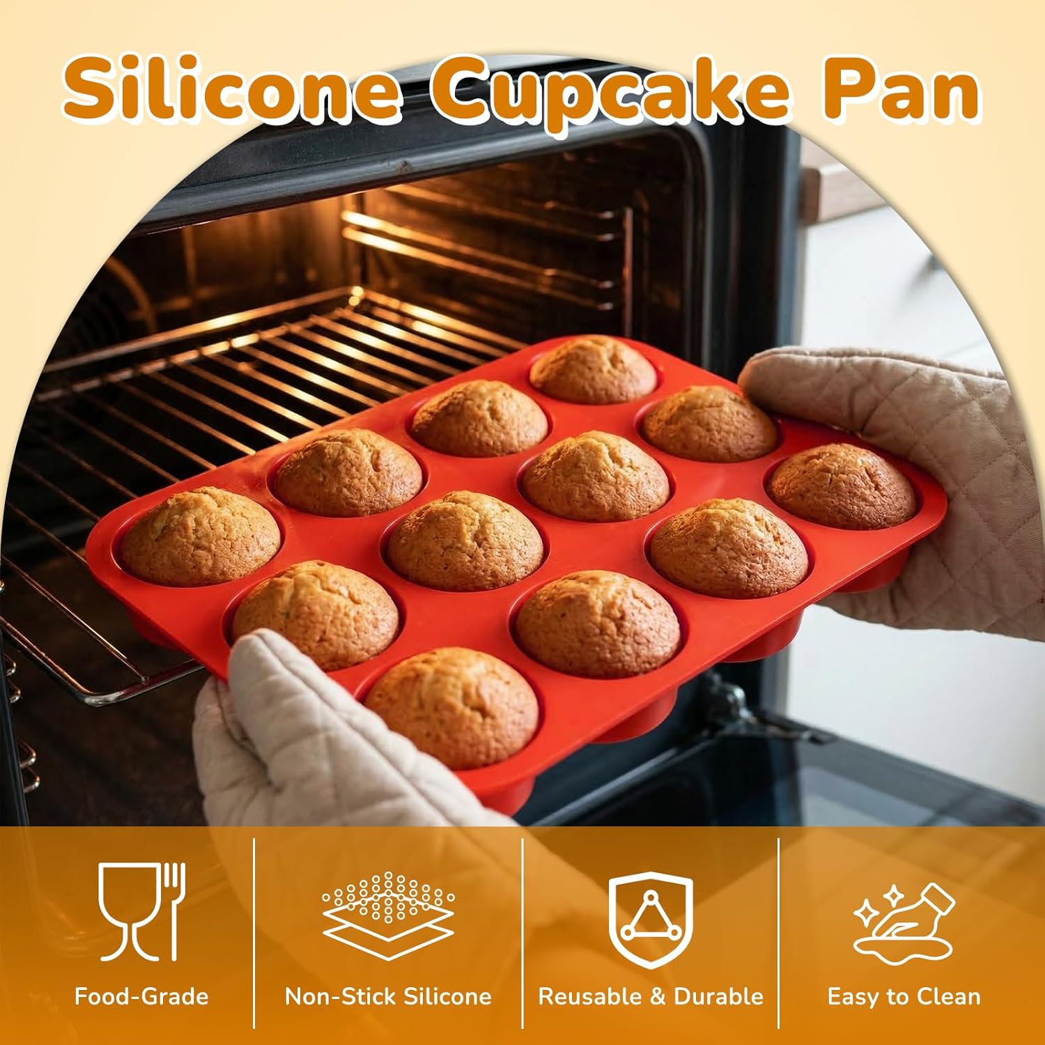 Skiennix Silicone Cupcake Pan - Nonstick 12-Cup Baking Mold | Durable, Flexible & Easy to Clean - Red