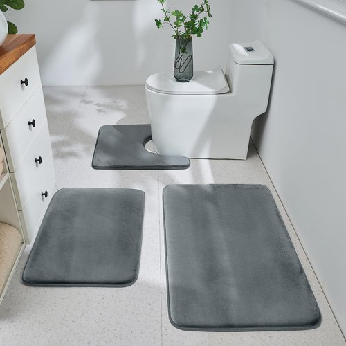 HUXMEYSON Grey Bathroom Rugs Set, 3 Piece, Ultra Soft Velvet Memory Foam, Non-Slip & PVC Backing, Washable Quick Dry, 17"x24"+20"x32"+U Shape 20"x20"
