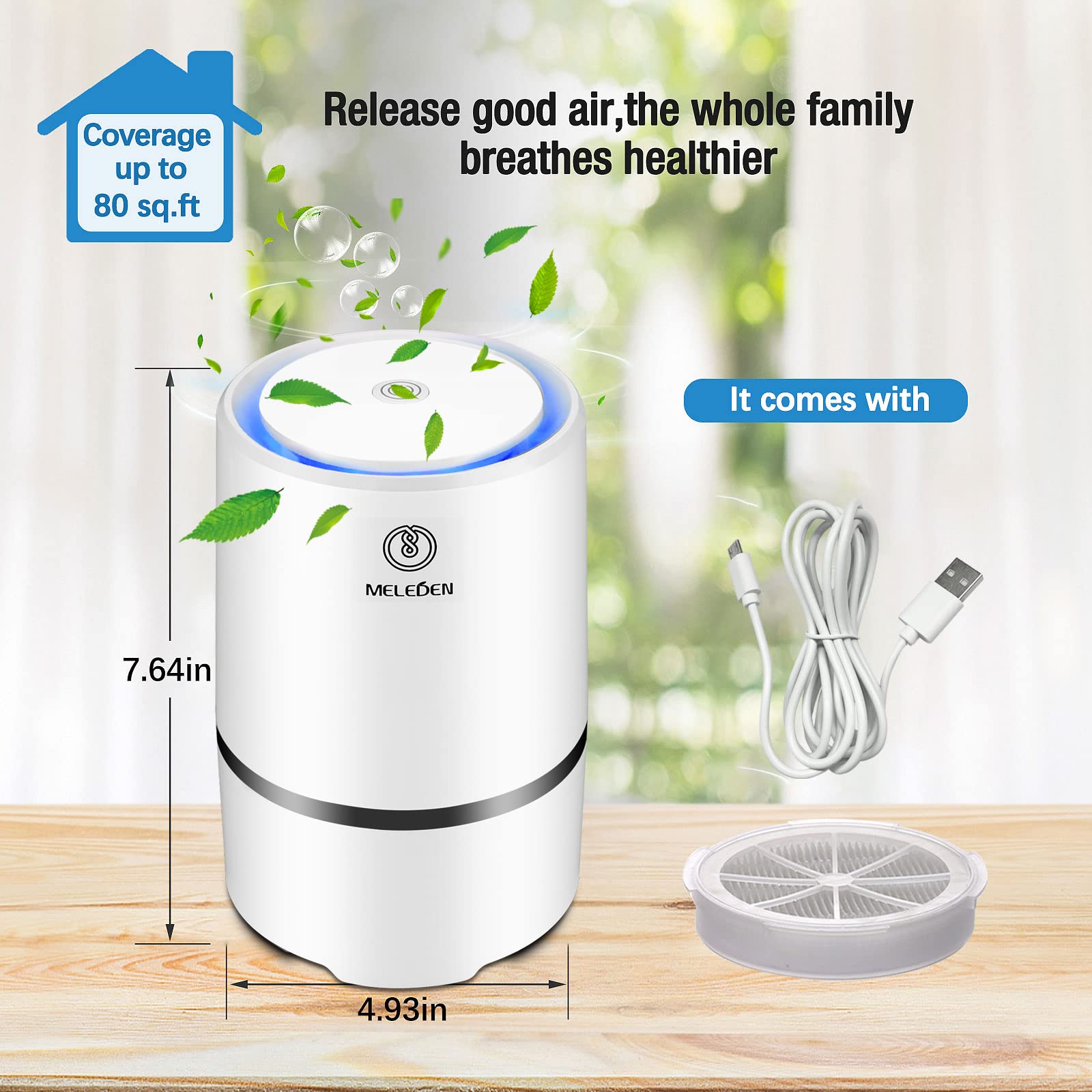 MELEDEN Air Purifier for Home with True HEPA Filters,Low Noise Portable Air Purifiers with Night Light,Desktop USB Air Cleaner