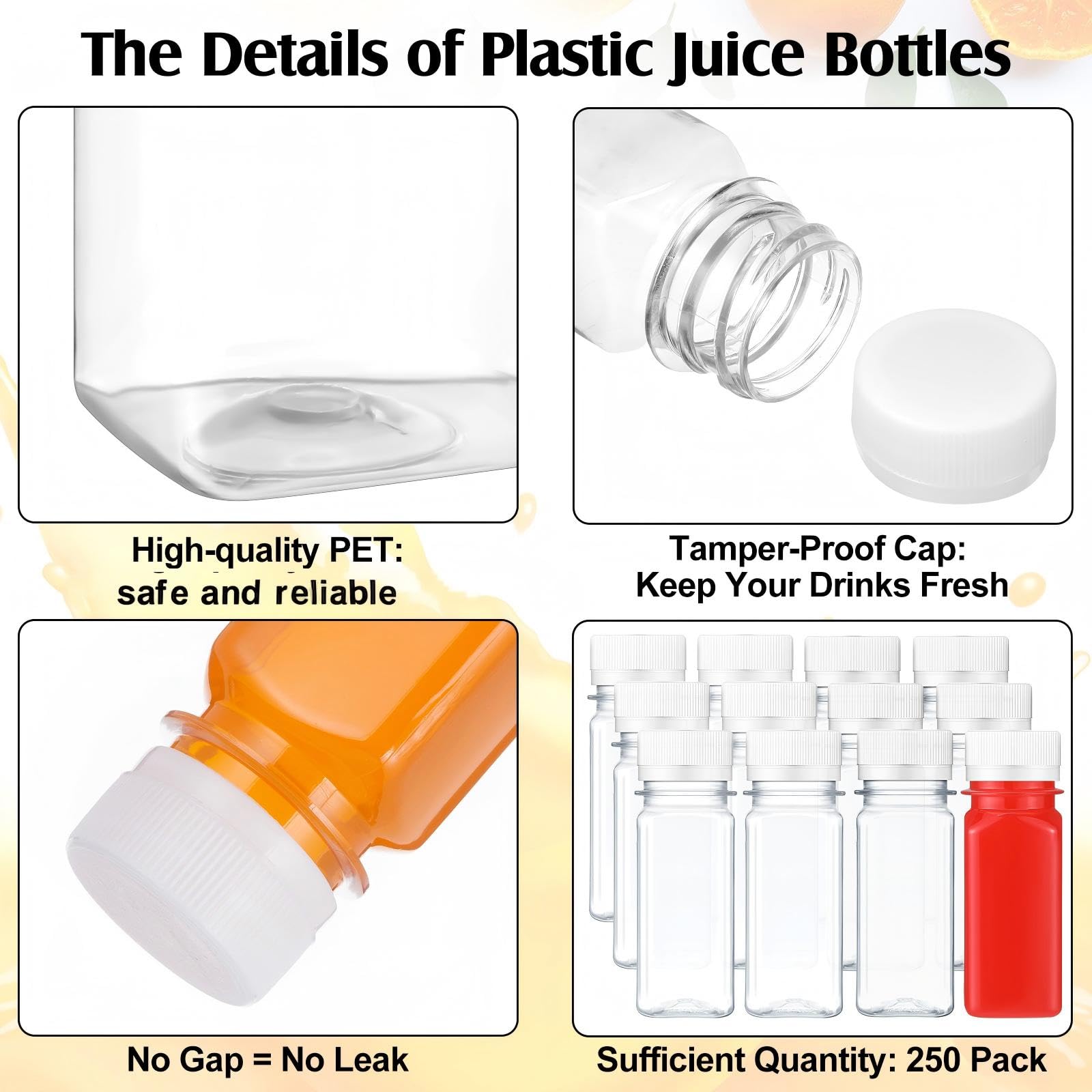 Sliner 250 Pcs 2oz Small Plastic Juice Bottles Ginger Juice Bottle with Lids Liquid Vial Reusable Clear Beverage Container with Lid, Freezer Safe, Leak Proof for Milk, Water