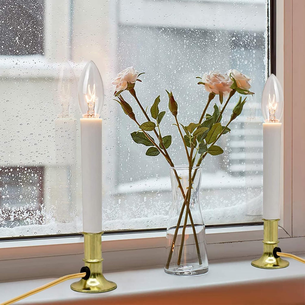 Skiennix Electric Christmas Window Candle Lamp - Flameless Taper Candles with Golden Base | 4 Pack