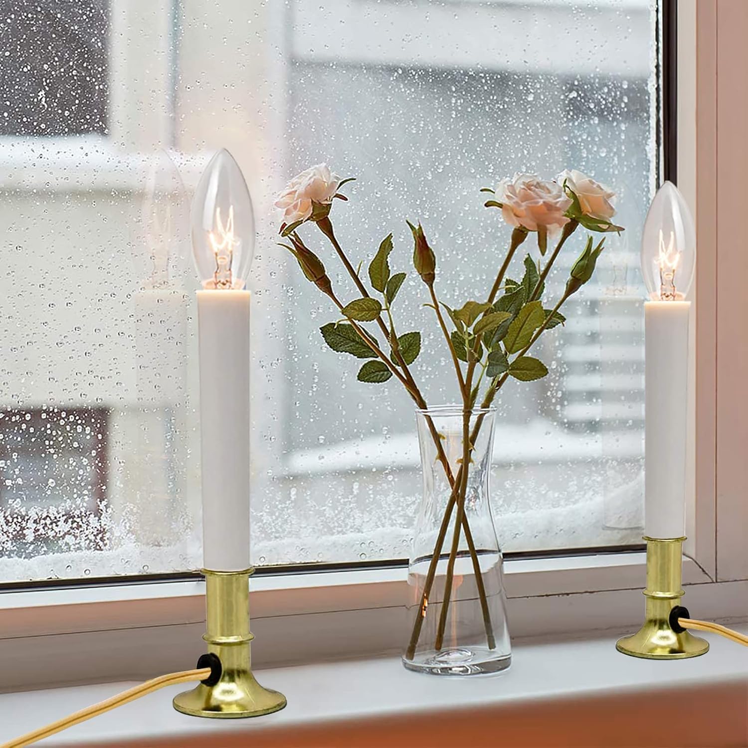 Skiennix Electric Christmas Window Candle Lamp - Flameless Taper Candles with Golden Base | 4 Pack