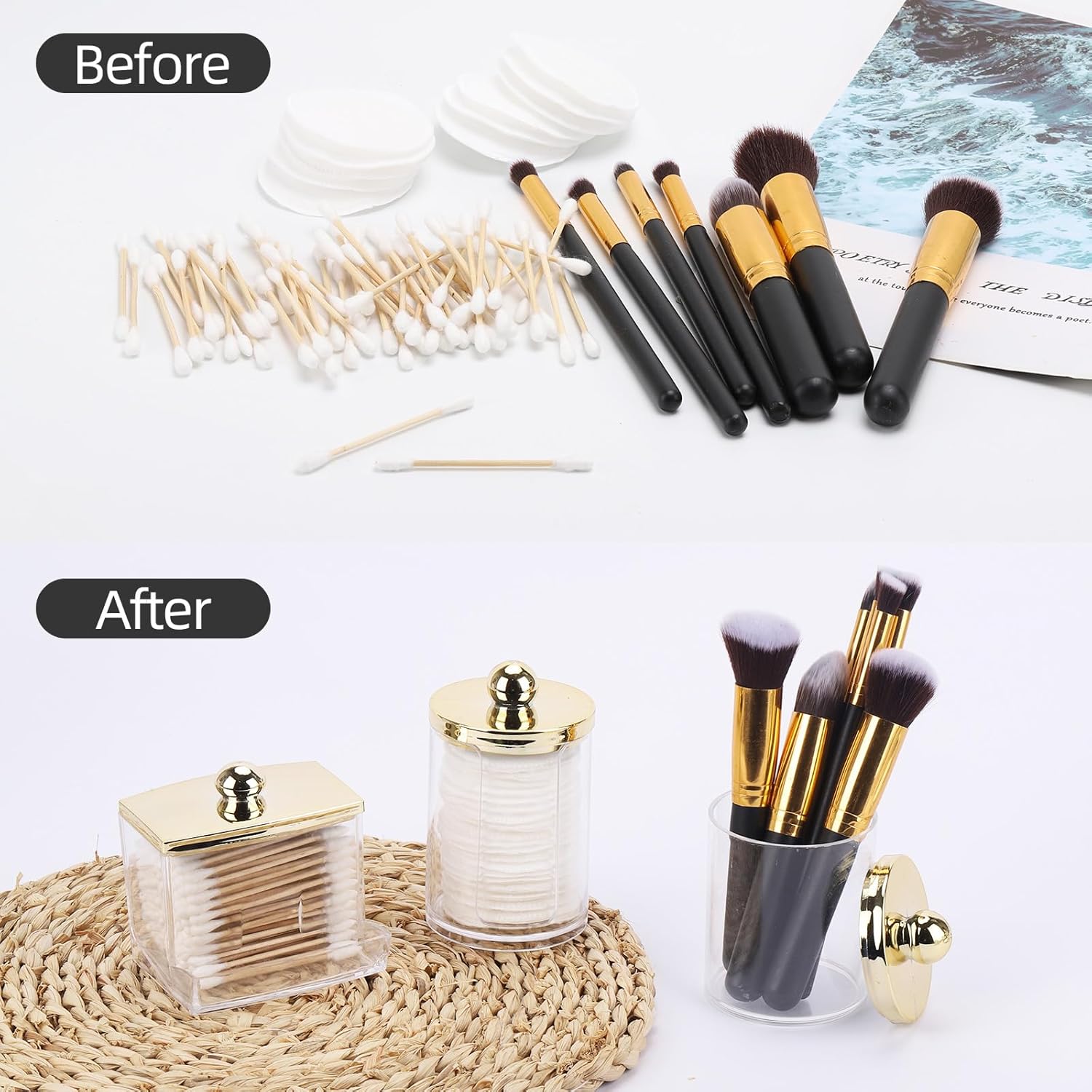 Tbestmax Q-Tips Dispenser | 3-Pack Bathroom Organizer - Plastic Apothecary Jars with Gold Lids