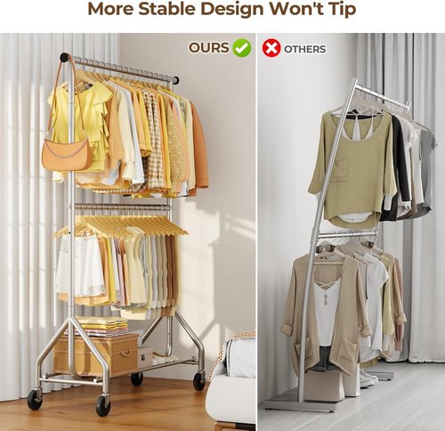 HYSEYY Heavy Duty Clothes Rack - Adjustable Double Rod Garment Rack for Bedroom & Laundry | Silver