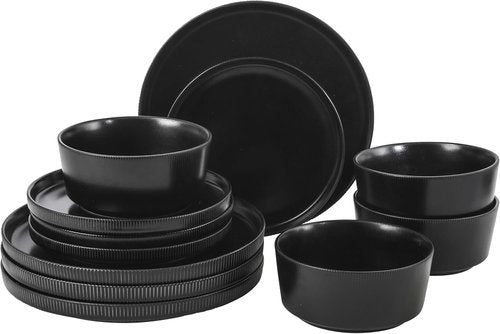 Gibson Home Dempsey Road 12-Piece Dinnerware Set - Modern Black Stoneware, Service for 4, Microwave & Dishwasher Safe