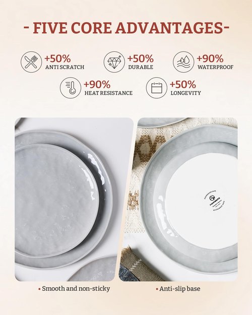 Famiware Porcelain kitchen plates and bowls set, Modern dishes set for 4, Handmade Wave Edge Dinnerware Sets, Microwave and Dishwasher Safe Tableware, Sleek Grey (16pc)