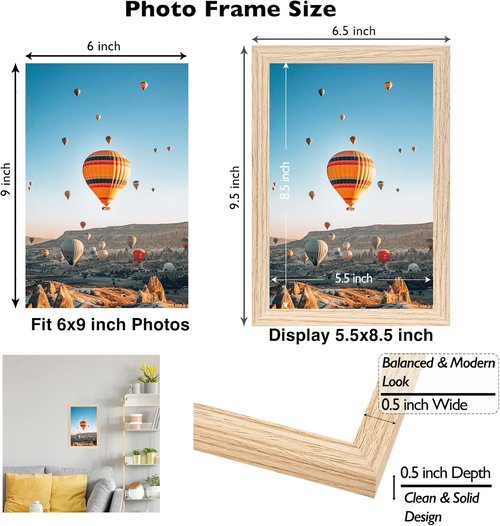 JCJMY 6x9 Picture Frame - Versatile Wall & Tabletop Display | Shatter-Resistant Plexiglass, Natural Finish