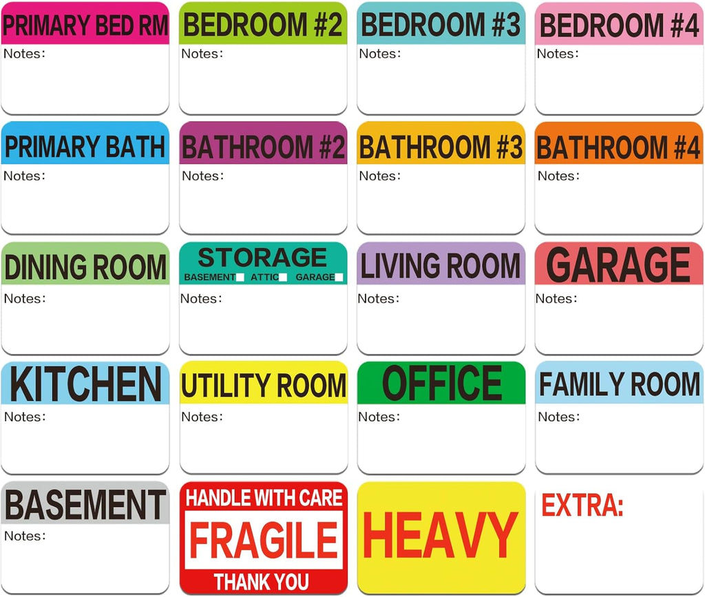 Regine Switzerland 600 Count Moving Packing Box Labels - Color Coded & Writable for 3-4 Bedroom Homes