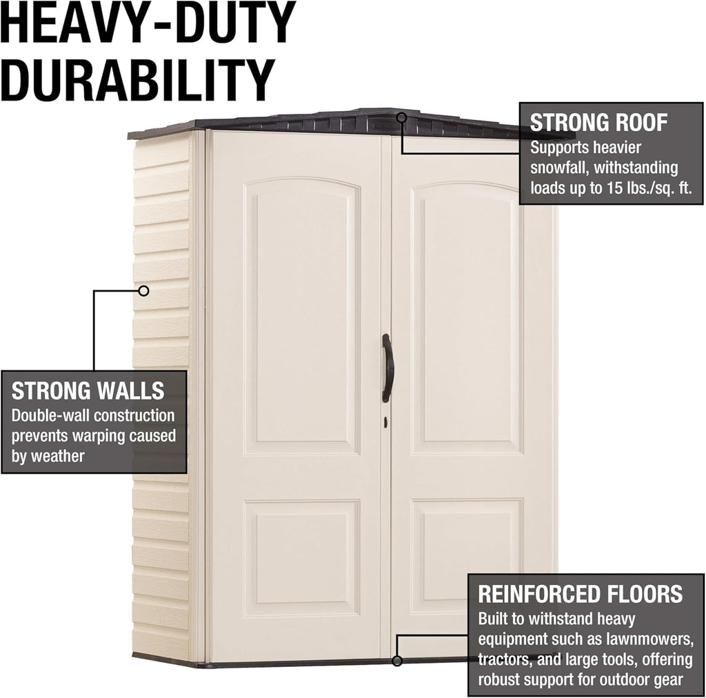 Rubbermaid Small Vertical Resin Outdoor Storage Shed - Weather Resistant, Beige/Brown, 2.3 x 4.6 Ft | Ideal for Backyard, Garden Tools & Patio Cushions