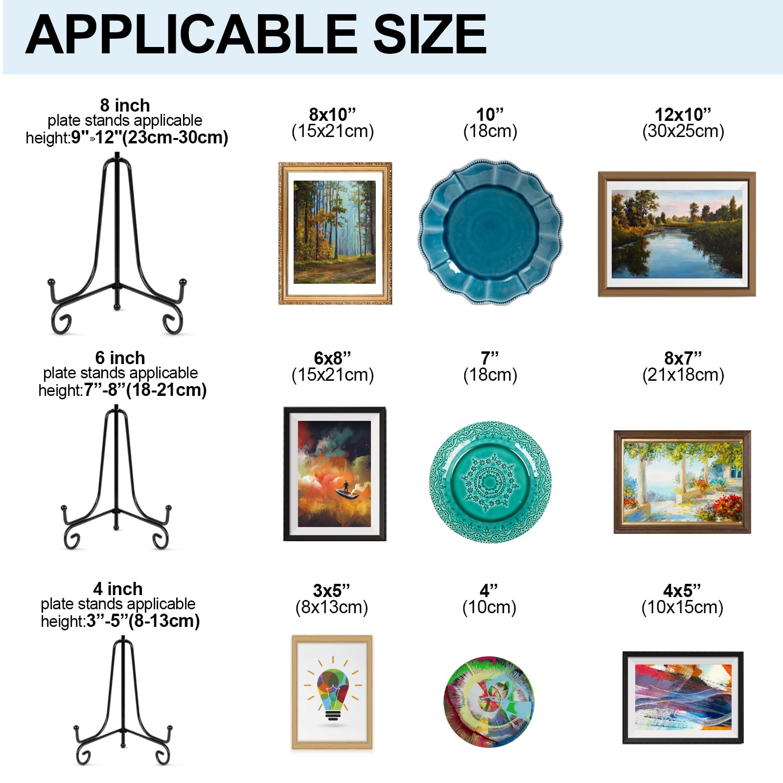 vivinin 6 Pack Plate Stands For Display (4 Inch, 6 Inch, 8 Inch), Plate Holder 3 Size Picture Frame Stand of Metal, Frame Holder Stand and Artworks for Book, Tabletop Art, Picture, Photo and Platter