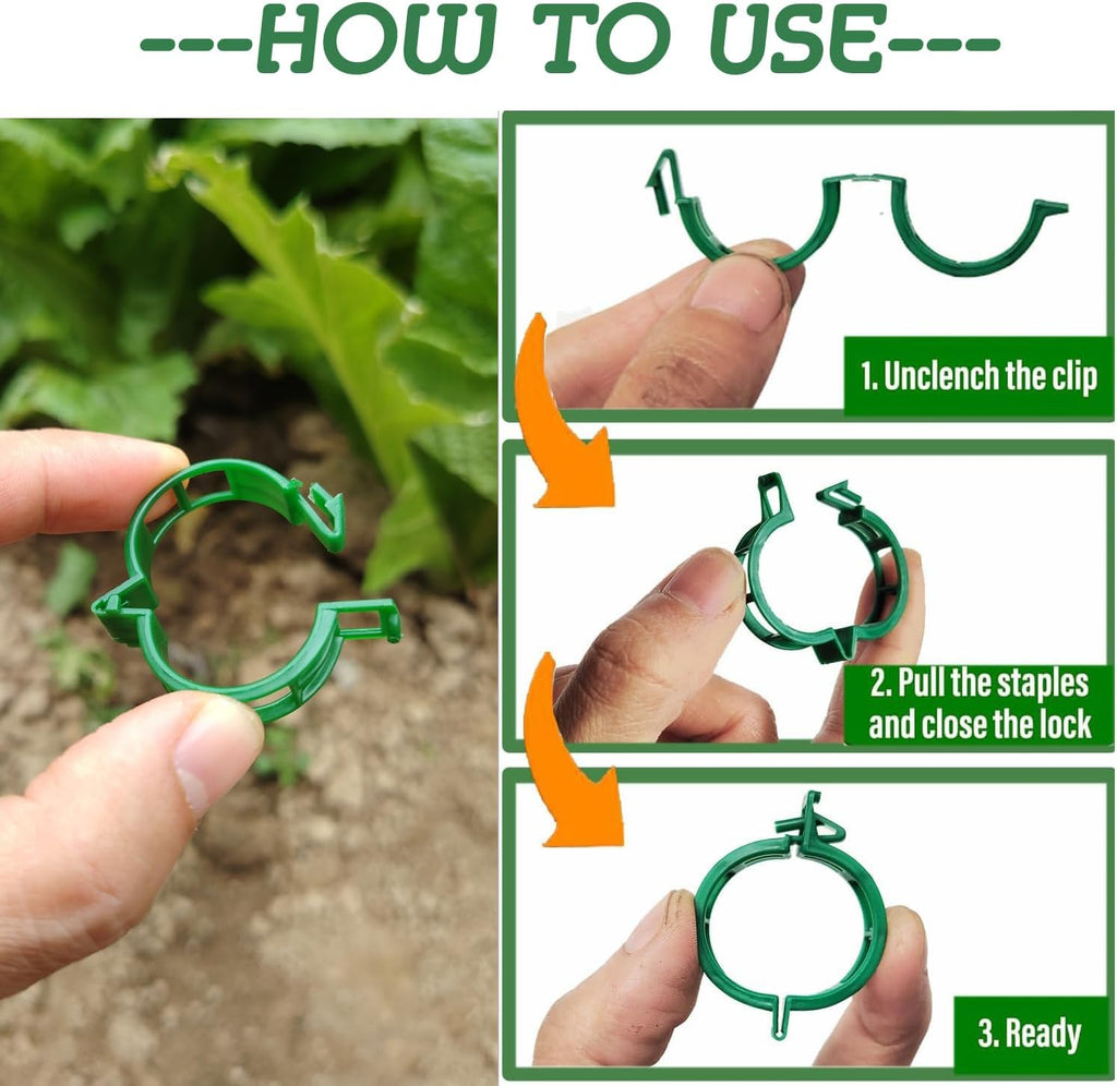 Skiennix Plant Support Clips - 100 Durable Tomato & Grape Vine Clips for Garden Trellis | Green