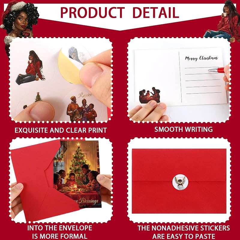 African American Christmas Cards Bulk Pack – 100 Cards with 100 Red Envelopes & 100 Stickers – 4x6 in | Variation: 100+African