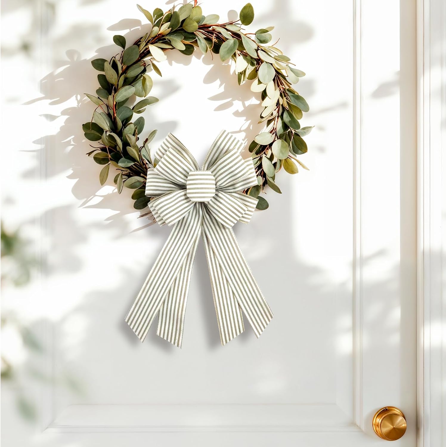 Skiennix Natural Burlap Wreath Bow - 20 x 11 Inches Light Khaki Stripes for Easter & Home Decor