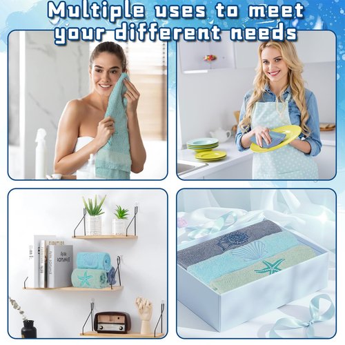 Ddeetodu 3 Pcs Coastal Hand Towels Ocean Decorative Bathroom Towels Decors Beach Hand Towel Embroidered Towel Decorative Set 100% Cotton Soft Absorbent Towels for Bathroom Decors
