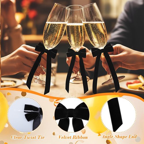 Hoteam Velvet Bow Ornaments - 24 Pcs Christmas Tree Decorations | 3 x 8 Inch Black Twist Ties