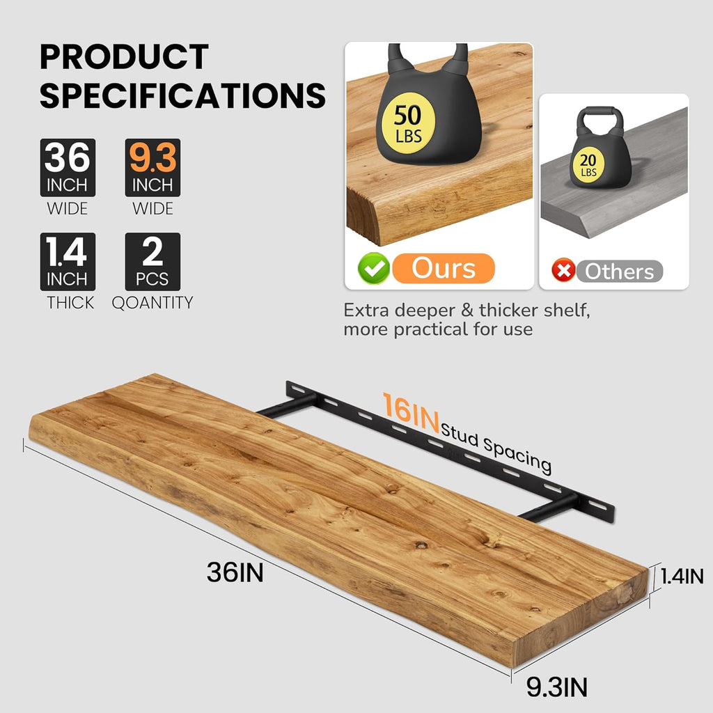 Rustic Elm Wood Floating Shelves by [Brand Name] - Heavy-Duty 36"x9.3" Set of 2 | Invisible Brackets for Living Room & Bedroom