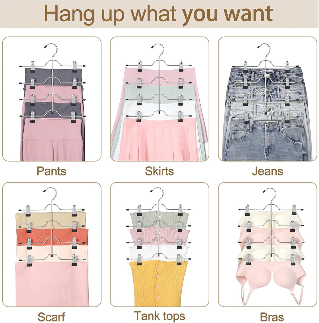 TOPIA HANGER 4-Tier Metal Skirt Hangers - Space-Saving Design with Adjustable Clips, Non-Slip Grip, Black | 2-Pack