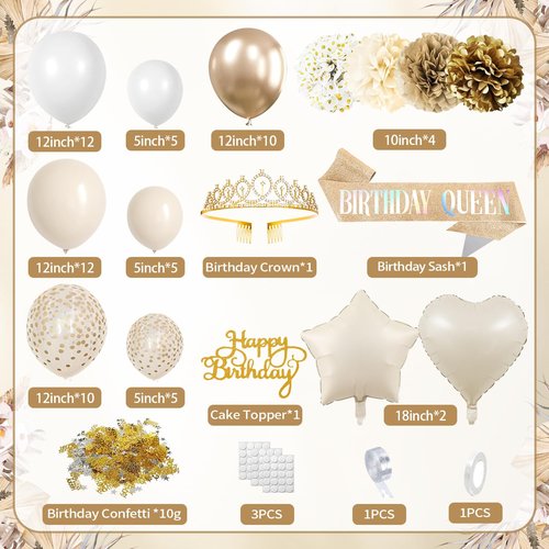 Birthday Decorations for Women, Golden Birthday Party Decorations, White Sand Beige Gold Balloons Tablecloth Birthday Sash Crown Fringe Curtain Butterfly Decor Gold Party Decor for Women Girls Bday