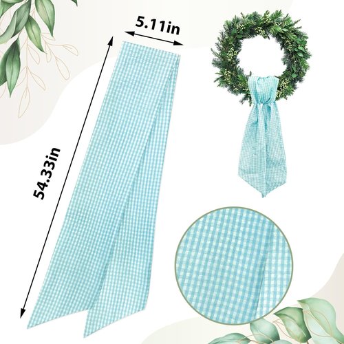 Light Blue Buffalo Plaid Wreath Sash for Front Door Seersucker Wreaths Satin Sash Burlap Garland Ribbon Accessories for Wreath Yard Doorway Indoor Outdoor Bridal Shower Home Decor,5.1 x 54.3