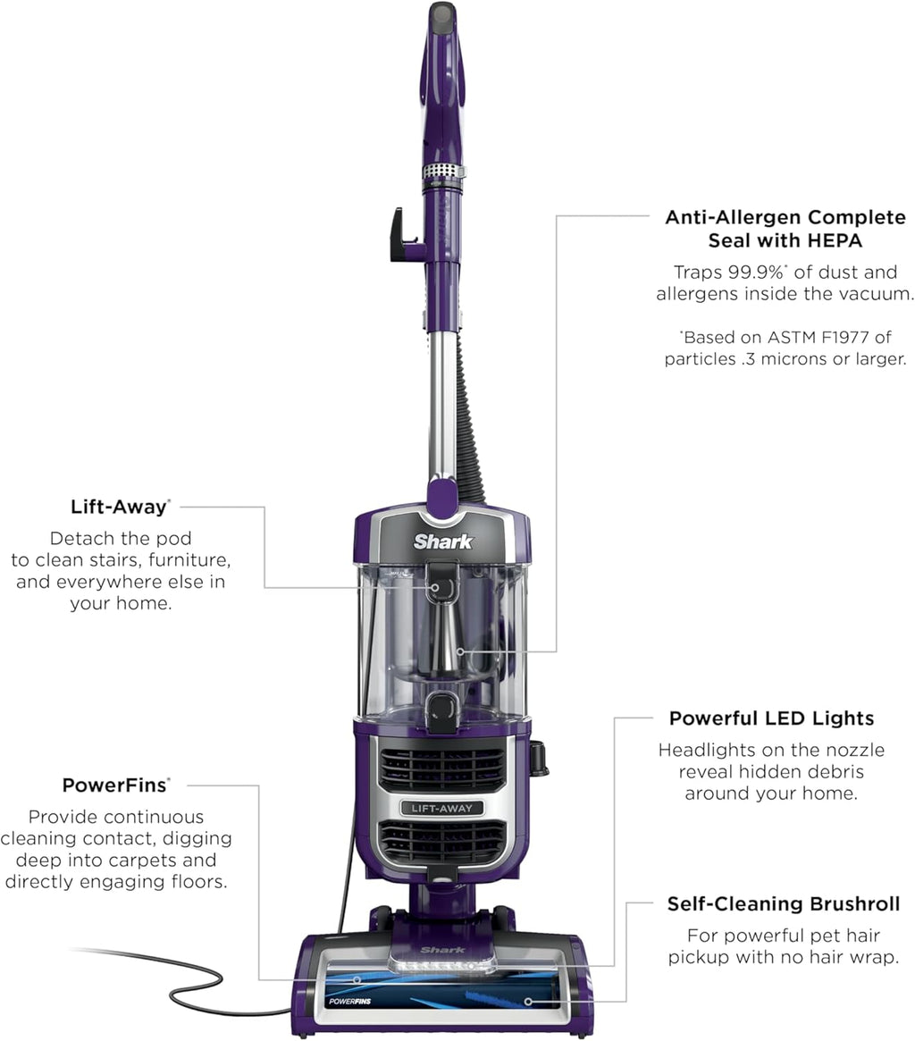 Shark Lift-Away Upright Vacuum - PowerFins, Self-Cleaning Brushroll & Anti-Allergen Technology | Eggplant